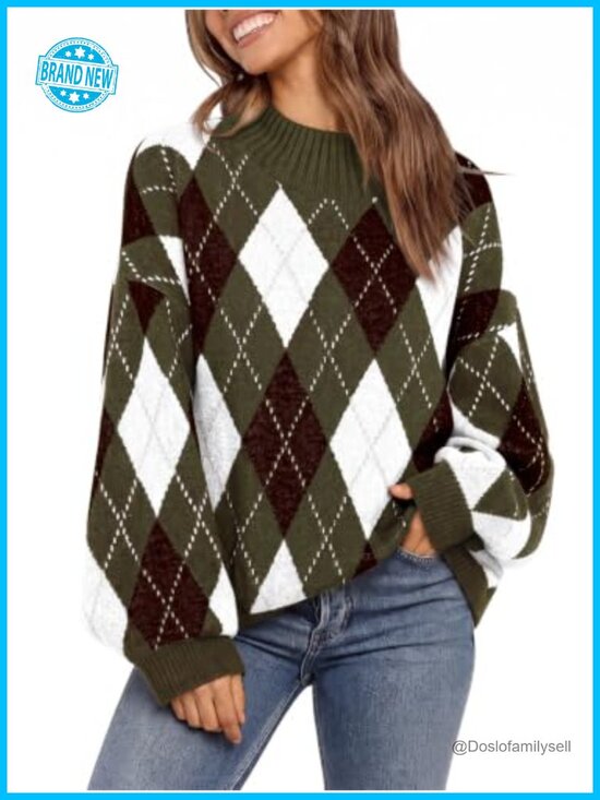 Sweaters - Womens Oversized Argyle Tunic Sweater Chunky Knit Pullover